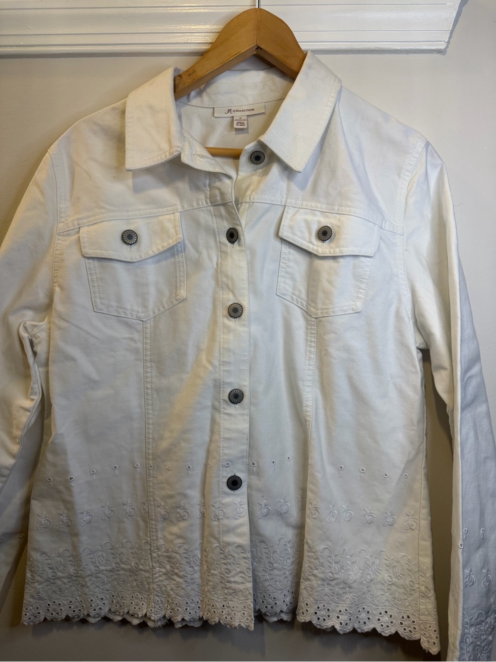 Women’s White Eyelet Hem Denim Button Jacket- coastal summer girlhoodcore